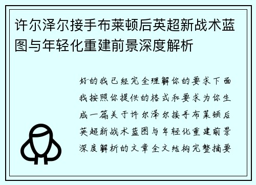 许尔泽尔接手布莱顿后英超新战术蓝图与年轻化重建前景深度解析
